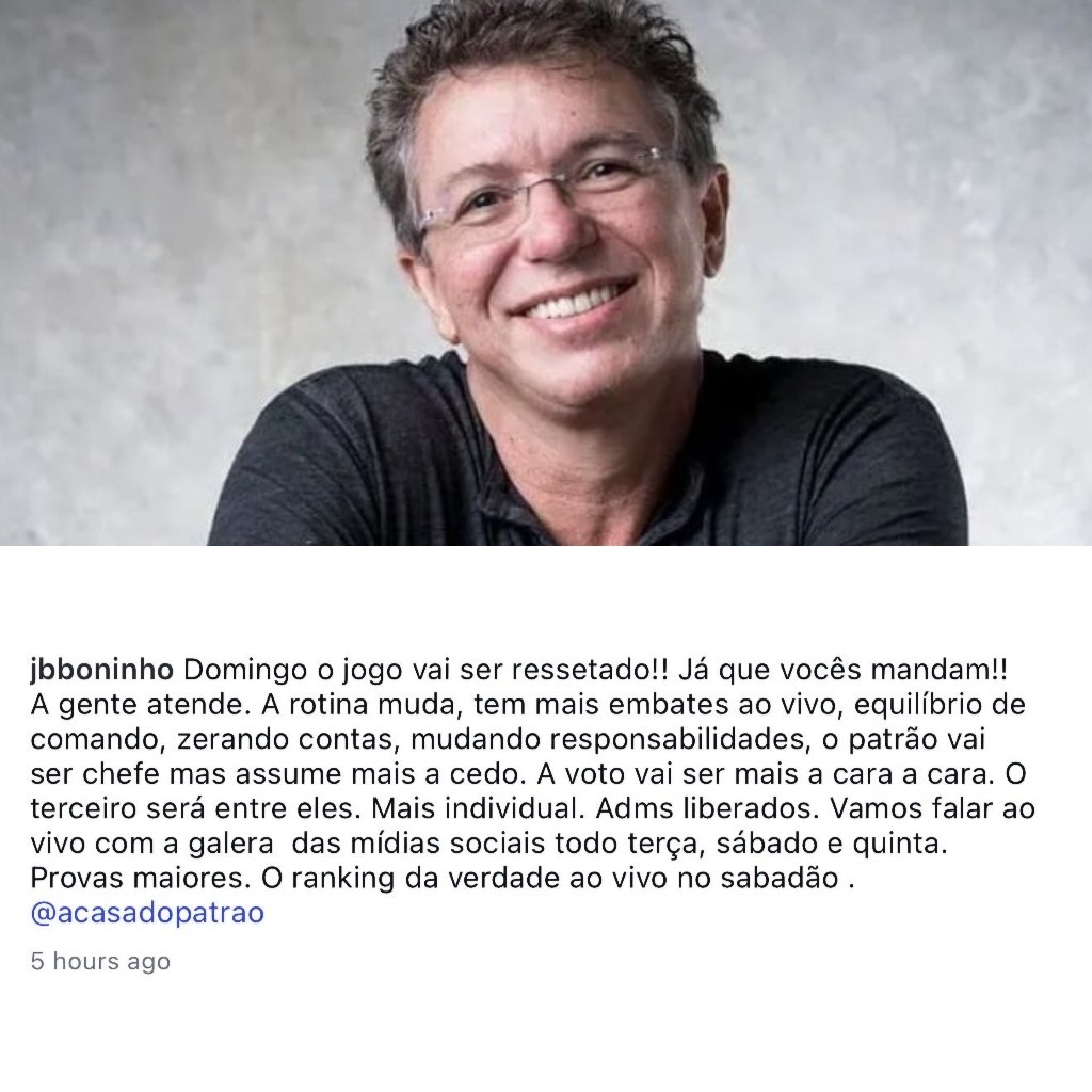 Print do Instagram de Boninho anunciando o reset da Casa do Patrão no domingo